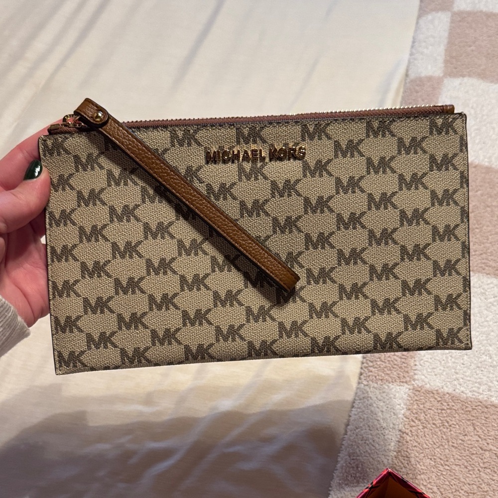 Michael Kors Tan and Brown Monogram Clutch